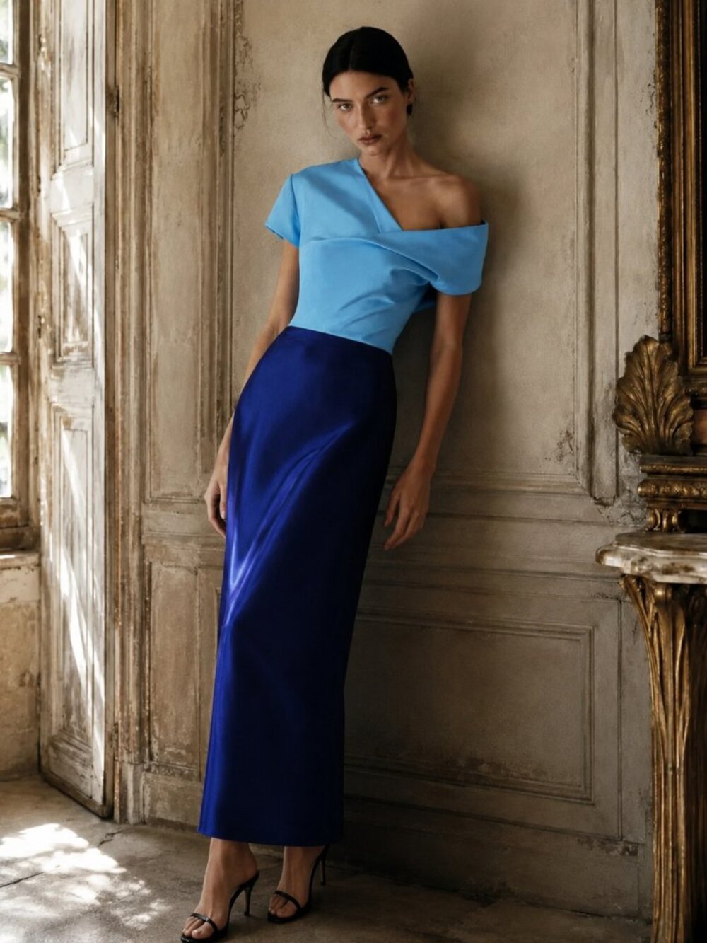 Rosie Assoulin *NEW* Grace Me with Your Cold Shoulder Blue Colorblock Silk Dress